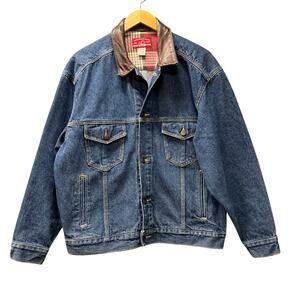 Marlboro Country Store Jacket Mens Medium Denim Button Up Leather Collar Vintage